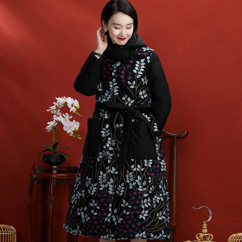 Winter Hooded Down Jacket Vintage Style Embroidery Women\'s Long Sleeve Double Breasted Long Down Coat L-XL