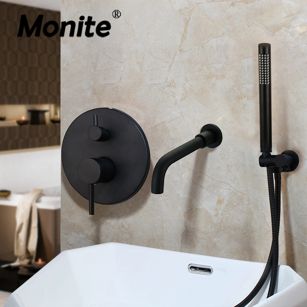 Monite Matte Black Bathroom Faucet Wall Mounted Golden Plated 2 Ways Brush Gold Bathtub Mixer Shower Set Faucet W/ Hand Spray