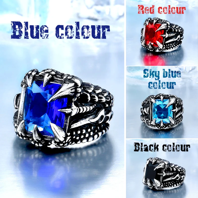 drop shipping exqusite Dragon Claw Ring With Red Blue Black Stone Stainless Steel jewelry for men