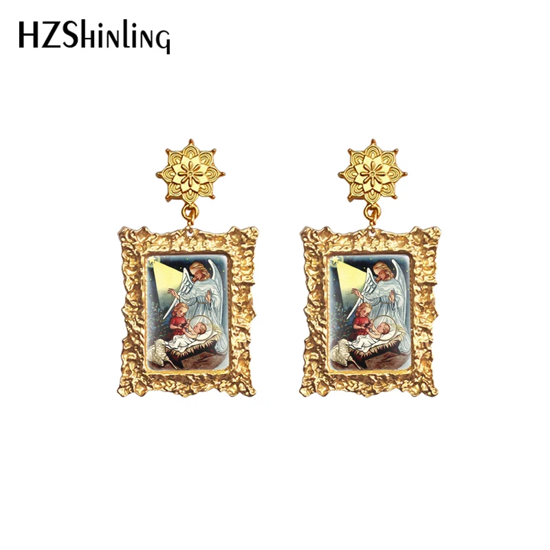 2020 New Vintage Angel Earring Fairy Beauty Drop Earrings Retro Mandala Charm Square Glass Cabochon Jewelry