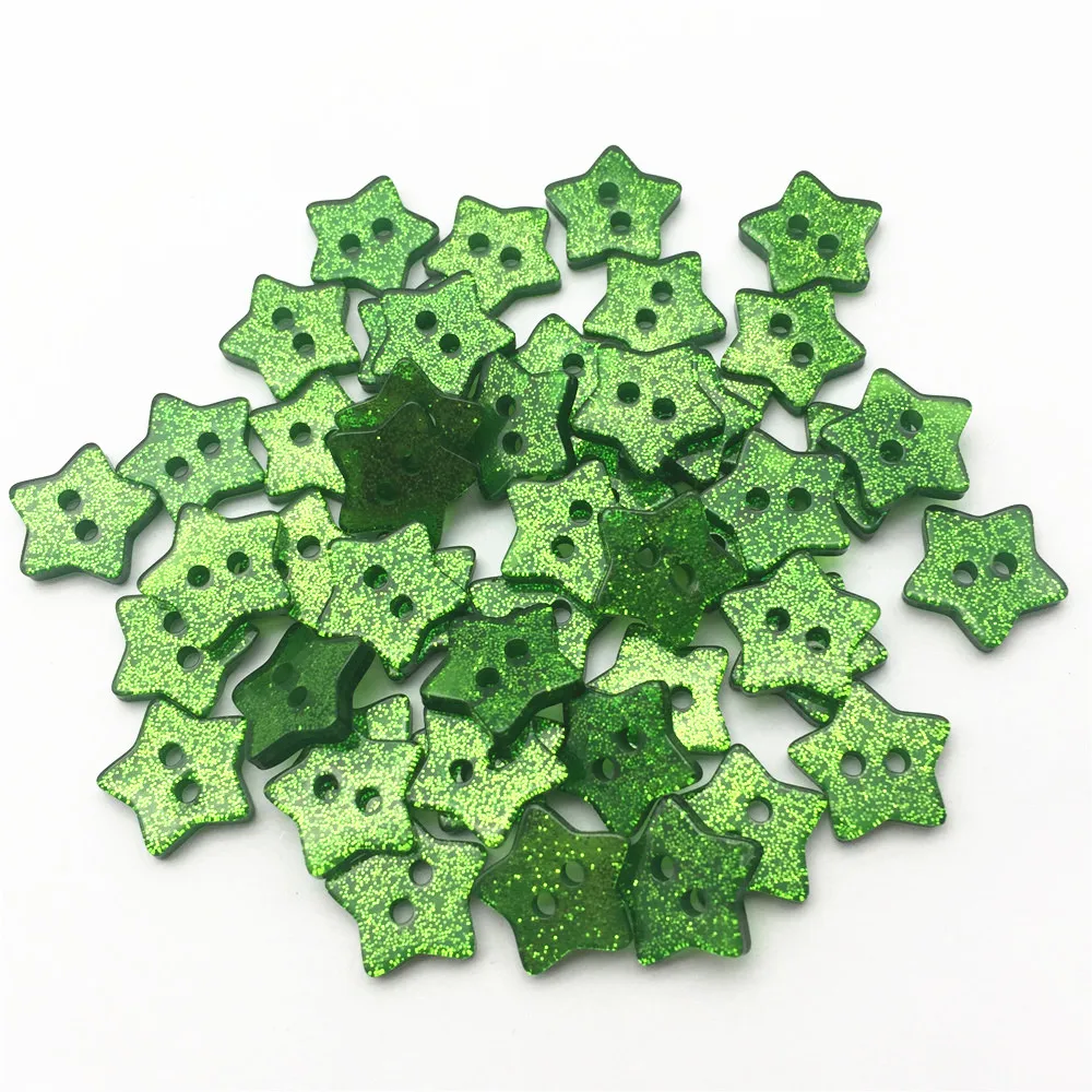 50pcs Dark Green Glitter Heart Star Round Shaped Buttons 2 Holes Sewing Accessories Embellishment DIY Sparkle Crafts Scrapbook