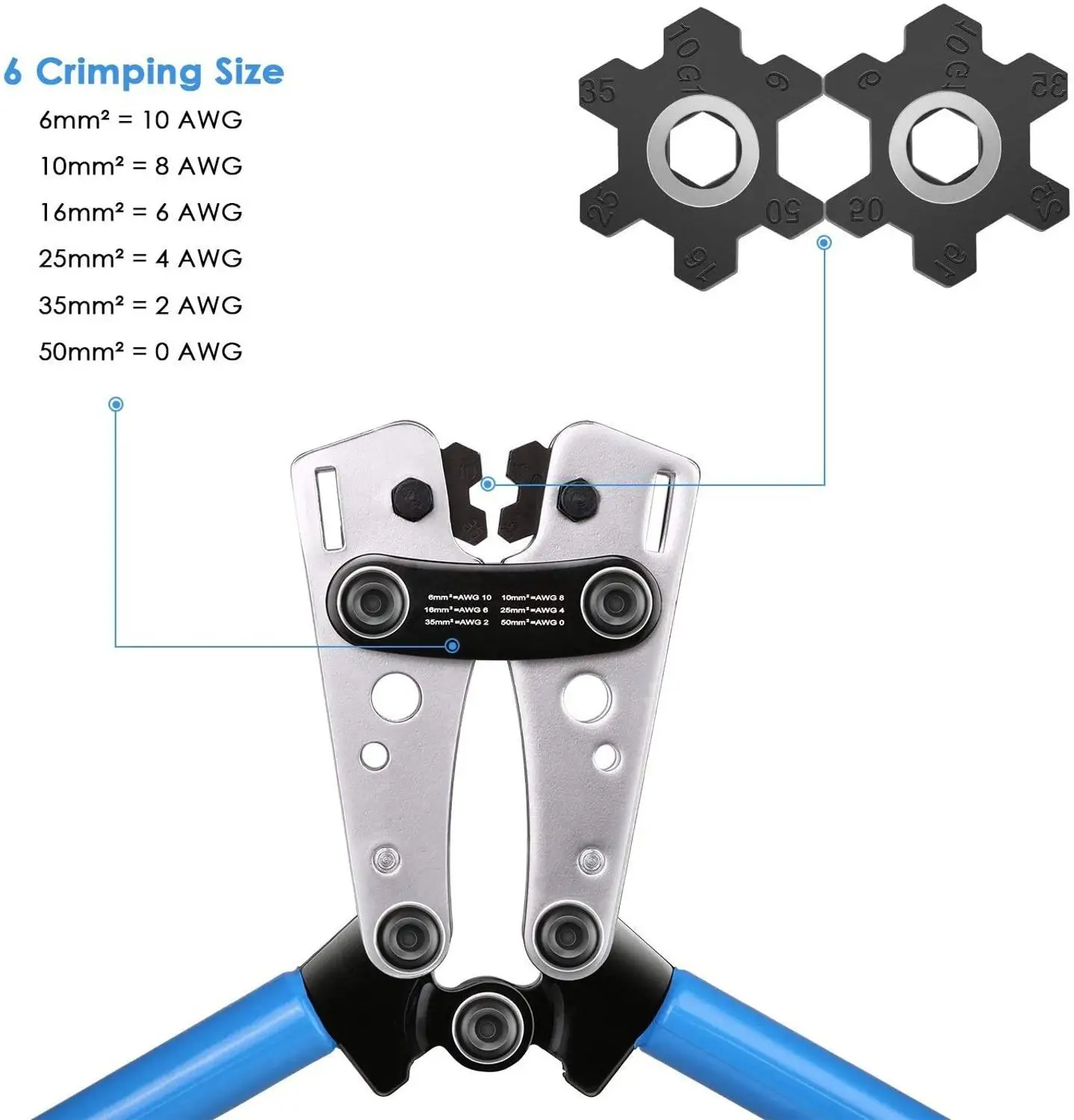 Wire Crimper Battery Cable Crimping Tool for 0, 2, 4, 6, 8, 10 AWG Cable Lug Crimper with Cable Cutter