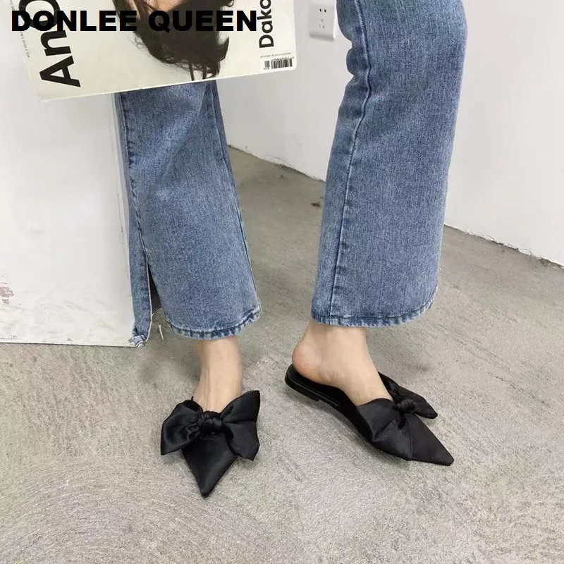 New Women Slippers Silk Bowtie Female Mules Fashion Flat Casual Shoes Pointed Toe Ladies Slides Elegant Woman Slipper Flip Flops