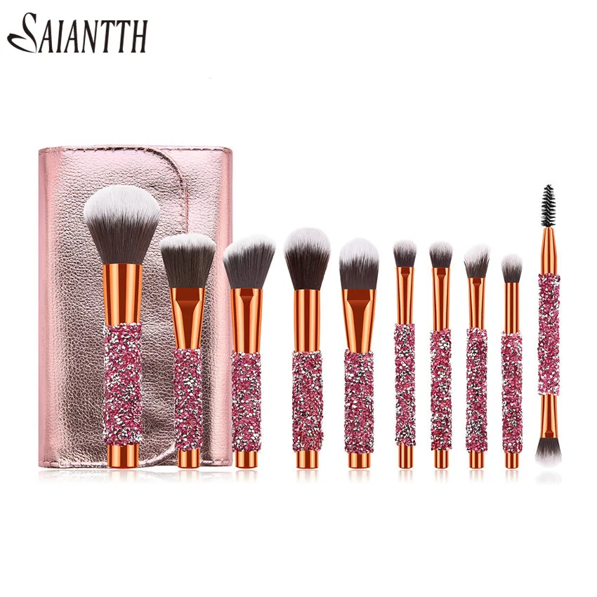 SAIANTTH 10pcs Rhinestone Crystal Glitter makeup brushes set Pro foundation blush brush blending concealer powder beauty tool