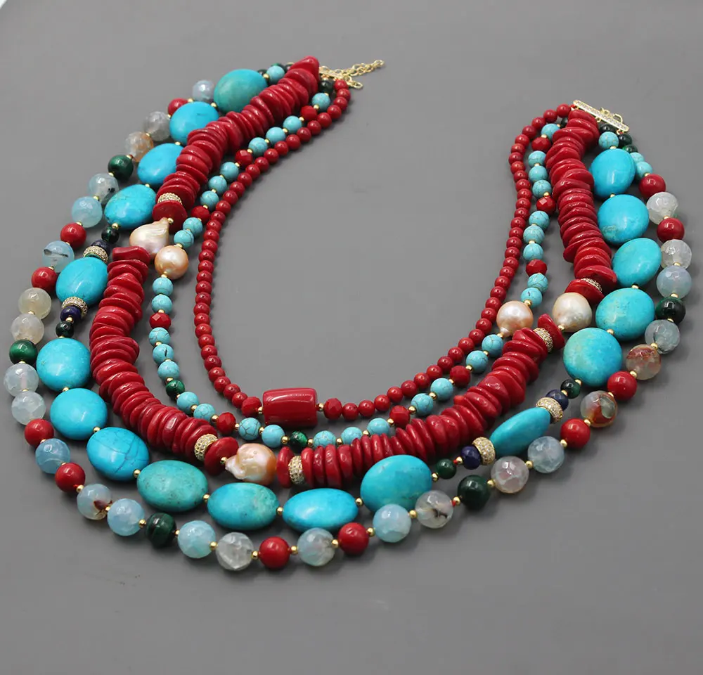 GG 5 Rows Freshwater Keshi Pearl Howlite Rondelle Tiger eye Red Coral Lapis Crystal Statement Necklace Handmade For Women