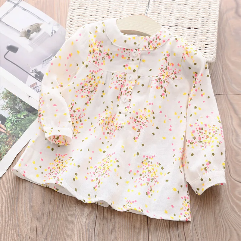 Girls Tops 2024 Spring Autumn Casual 2 3 4-12 Years Cotton Mandarin Collar Long Sleeve Full Flower Print Kids Girl Blouses Shirt