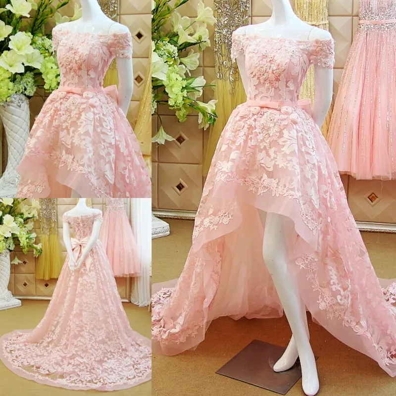 Bows สีชมพูลูกไม้ Prom Ball Gown 2018หมวกเรือคอ Appliques Vestido De Festa ดอกไม้ Sequined แม่ของชุดเจ้าสาว