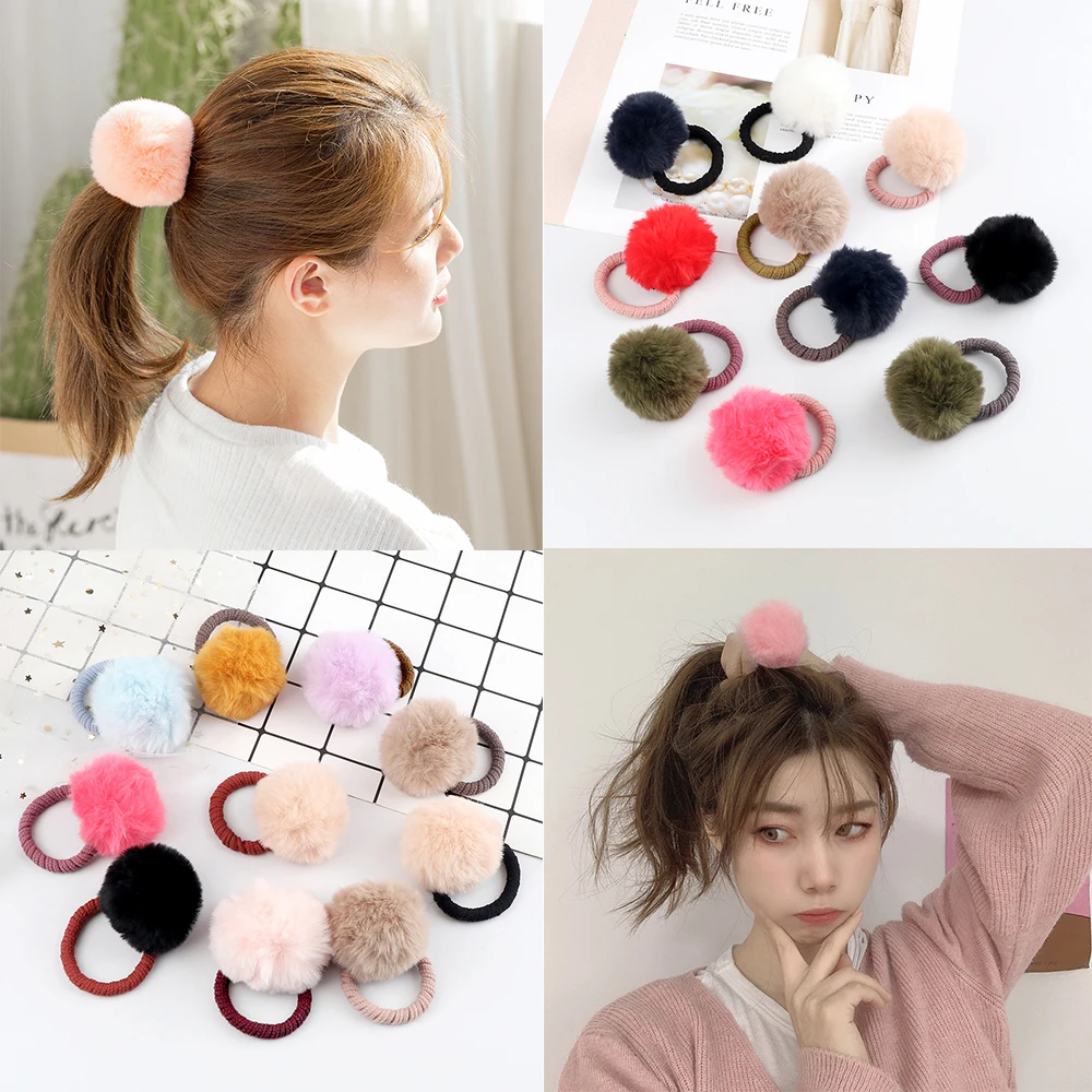 

10Pcs/Lot Mixed-color Hairball Hair Bands Children Girl Boutique Fluff Ball Hair Rope High Elastic Headband Ponytail Accessories