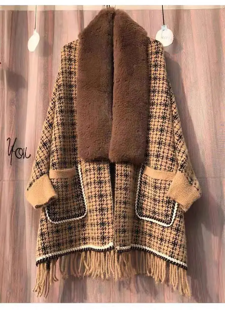 Manteau cardigan en fausse fourrure de vison avec poche pour femme, manches chauve-souris, rayé Everak, poncho chaud, velours, noir et blanc, Cinly