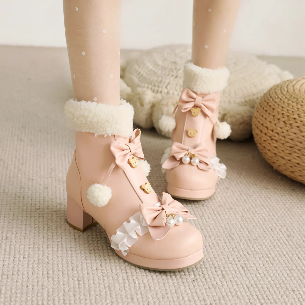 Women Winter Snow Warm Lambswool Fur Plush Lining PU Leather Ankle Boots Pearl Bowknot Anime Cosplay Girls Lolita Platform Shoes