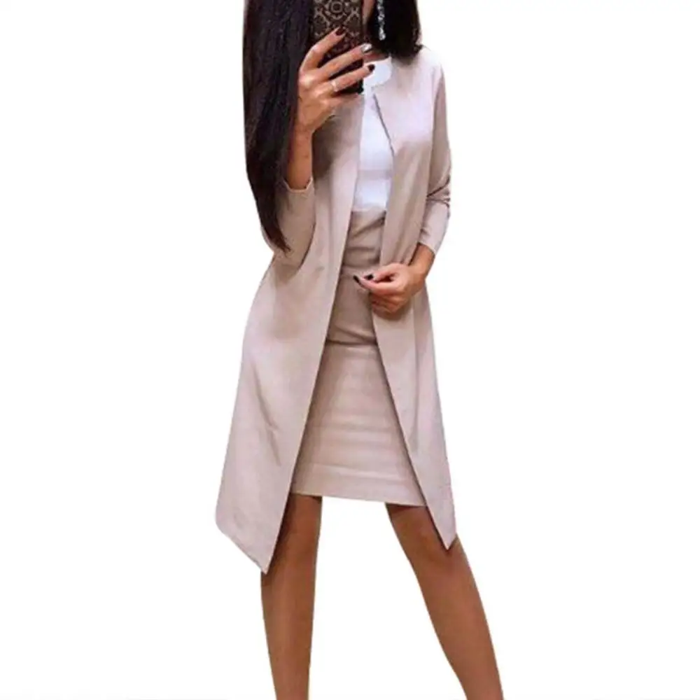 2Pcs Office Lady Autumn Solid Color Long Blazer Jacket Bodycon Mini Skirt Suit Work Suit Coat Office Lady Solid Slim Blazers Set