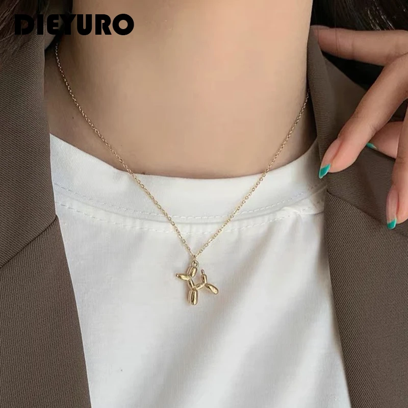 DIEYURO 316L Stainless Steel Cute Style Balloon Dog Golden Pendant Necklace Sweet Funny Clavicle Chain Unique Girl Birthday Gift
