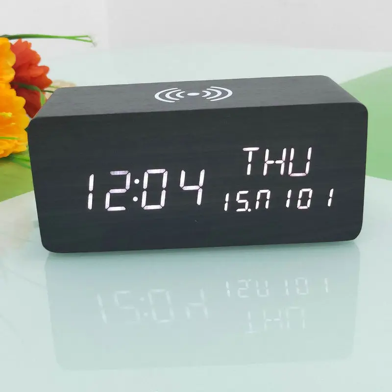 Electric Wood LED Clock Tabletop Temperature Calendar Smart Alarm Clock Wireless Charger Reveille Morning Numerical Despertador