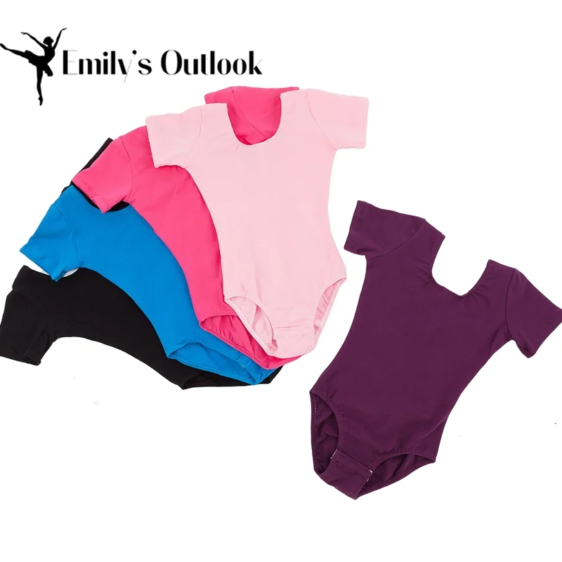 Cheap Girls' Team Basic Short Sleeve Leotard Ballet Dance Clothing Gymnastics Suit Pink Black Royal Blue 110-170cm Wholesale