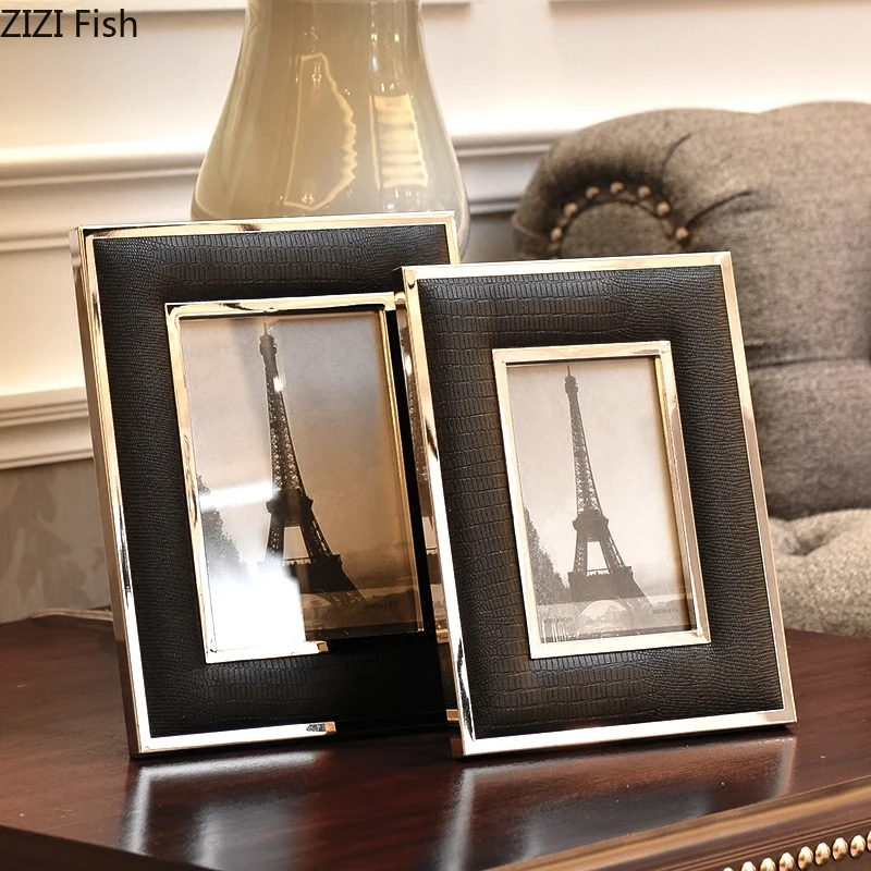 6/7 Inch Black Leather Photo Frame Family Portrait Nightstand Desk Decoration Ornaments Metal Picture Frames Home Decor Modern