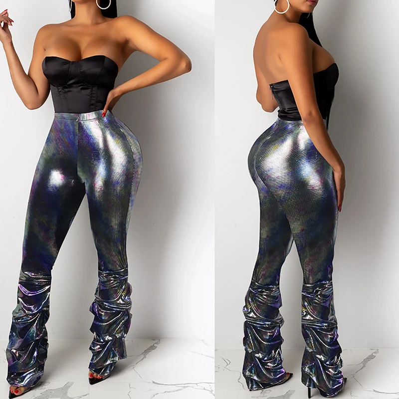 2024 New Spring Women High Waist Pants Fashion Party Clubwear Flare Pants Femme Streetwear Flare Holographic Push Up Trousers