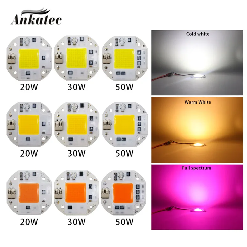 AC110V 220Vไม่มีเชื่อมLEDชิปCOB 20W 30W 50Wเต็มสเปกตรัมพืชเย็นสีขาวwarm White Light Emitting Diode LED Matrix