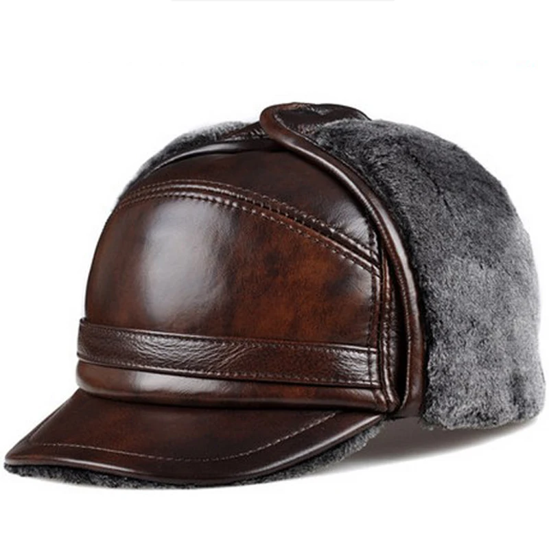 RY0201 Male Winter Warm Ear Protection Bomber Hat Man Genuine Leather Faux Fur Inside Black/Brown Ultra Large Size 54-62cm Caps