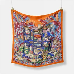 Twill Silk Scarf Woman Indian Painting Square Scarves Wraps Bandana Small Hijab Silk Foulards Tie Headband Neckerchief 53CM