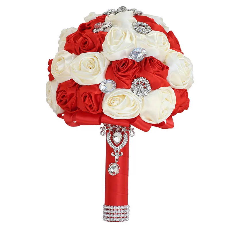 Red Korean Style 2023 New Bride Holding Flowers Pearl Rhinestones Handmade Wedding Bouquet for Use In Church B04