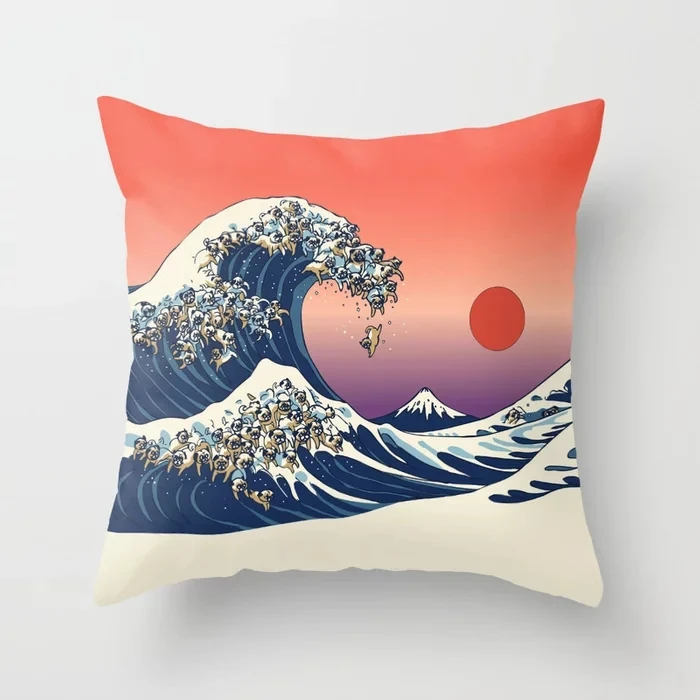 

Top Fashion The Great Wave of Pug Ukiyoe Cool Square Vintage Special Cover Zipper Throw Pillowcase Unique Pillow Sham