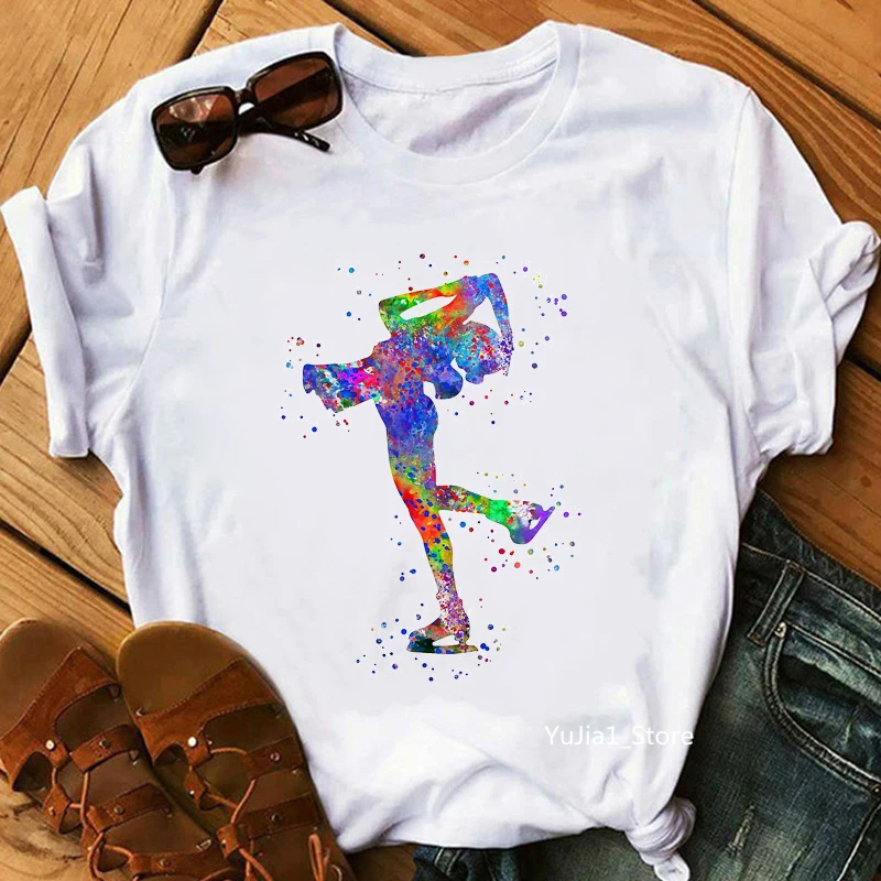 Ice Skating Watercolor Print Women\'S T-Shirt Girls Summer Fashion Tops Tee Shirt Femme Harajuku Kawaii Clothes Funny T Shirt