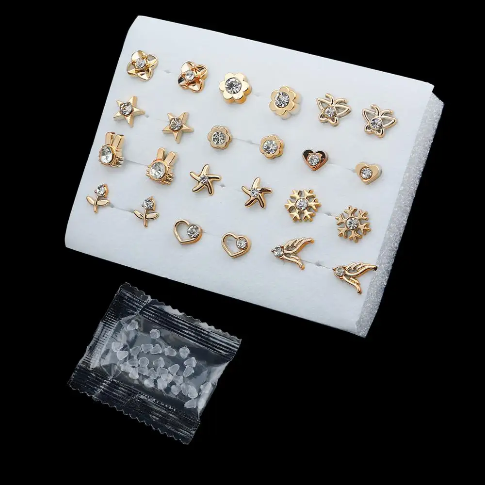 12Pairs Randomly Gold Silver Color Women Small Plastic Stud Earrings Sets For Girl Bowknot Flower Heart Star Broncos Jewelry