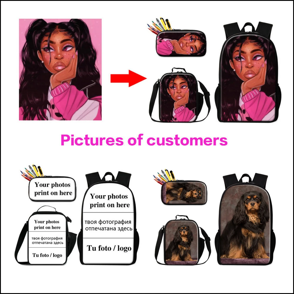 African Girl Printing School Backpack With Lunch Bag Pencil Case For Students 3PCS/Set Schoolbag Women's Custom Travel Bookbag