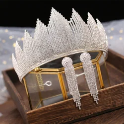 Baroque Luxury Silver Color Crystal Bridal Tiaras Crown With Earrings Rhinestone Pageant Diadem Wedding Hair Accessories Bijoux