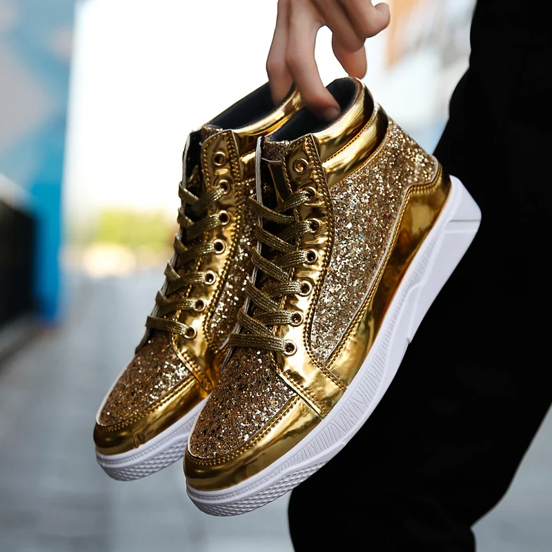 High Top Sneakers 2024 Cool Men Shoes Gold Glitter Fashion Sneakers Lace Up Platform Flats Gold Shoes Man Sequins Men\'s Trainers