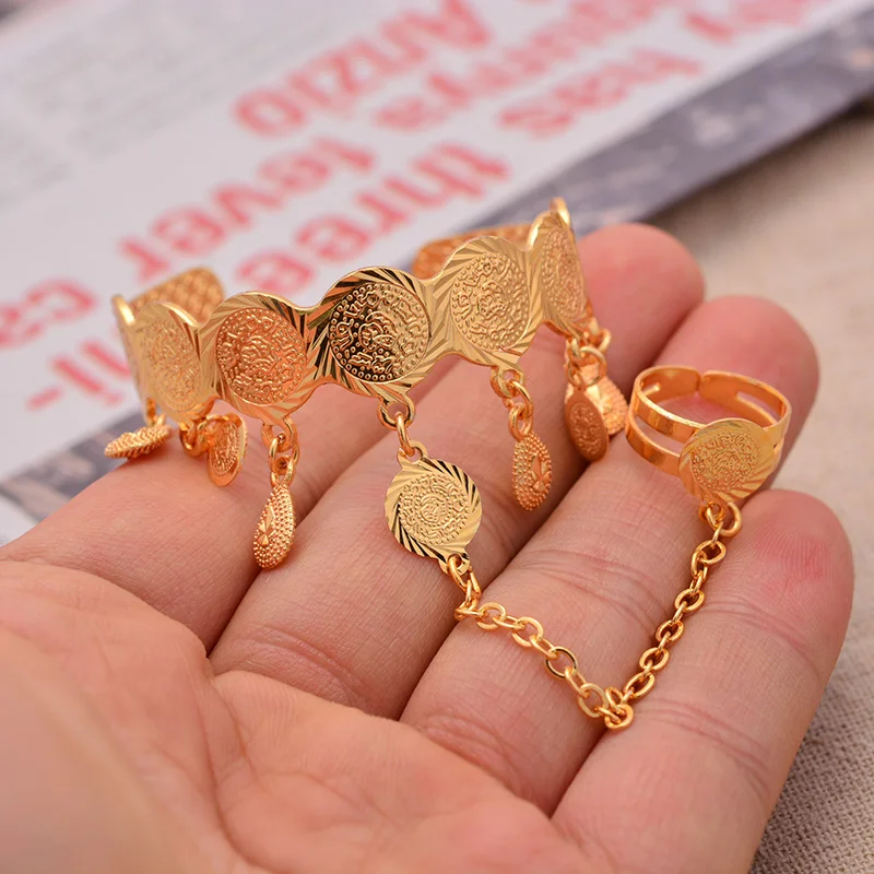 New Coin Gold Color  Bangles Baby/Child with Ring Middle Eastern Jewelry Muslim Islamic Bracelets Wholesale Coins Money Sign