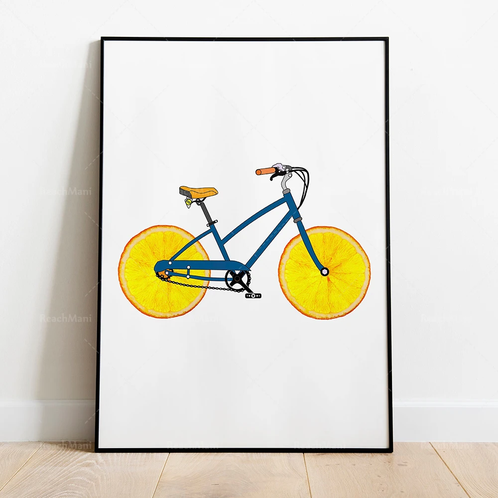 Fruit and vegetable bicycle prints, mountain bike art prints, printable kitchen wall art decoration children’s room posters