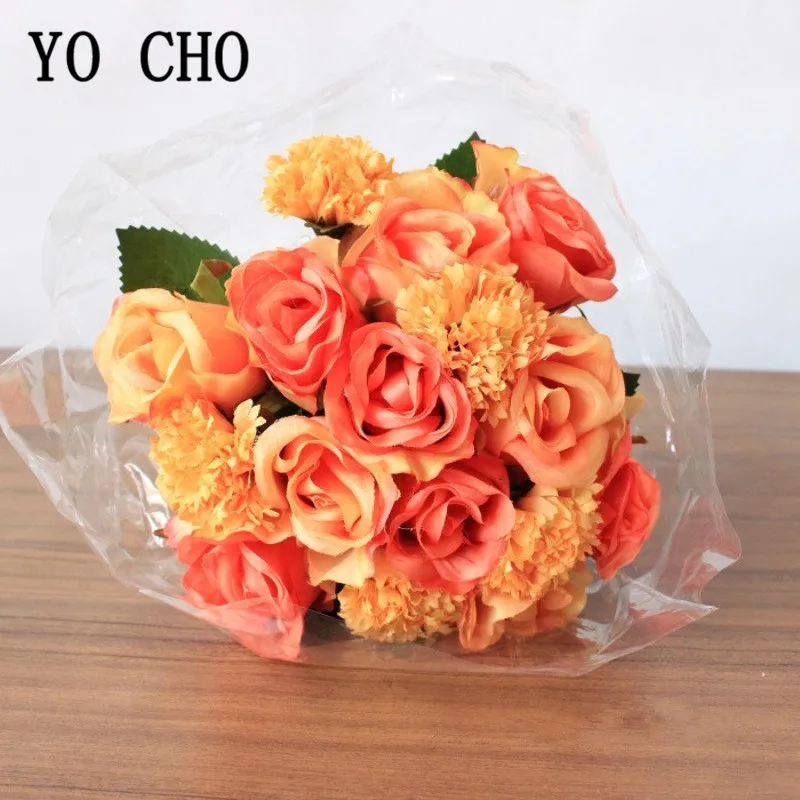 YO CHO 16pc Zijde Rose Anjer Kunstmatige Bloem Boeket Bruiloft Decoratie DIY Faux Flore Scrapbooking Craft Nep Bloem