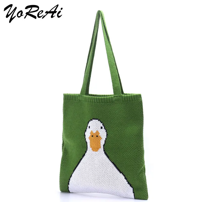 YoReAi Women Knitting Shoulder Bags Cute Duck Ladies Cartoons Handbag Casual Tote Literary BookBag Wool Shopping Bag For Girls