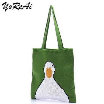 YoReAi borse a tracolla per maglieria da donna Cute Duck Ladies Cartoons Handbag Casual Tote letterario BookBag borsa per la spesa in lana per ragazze