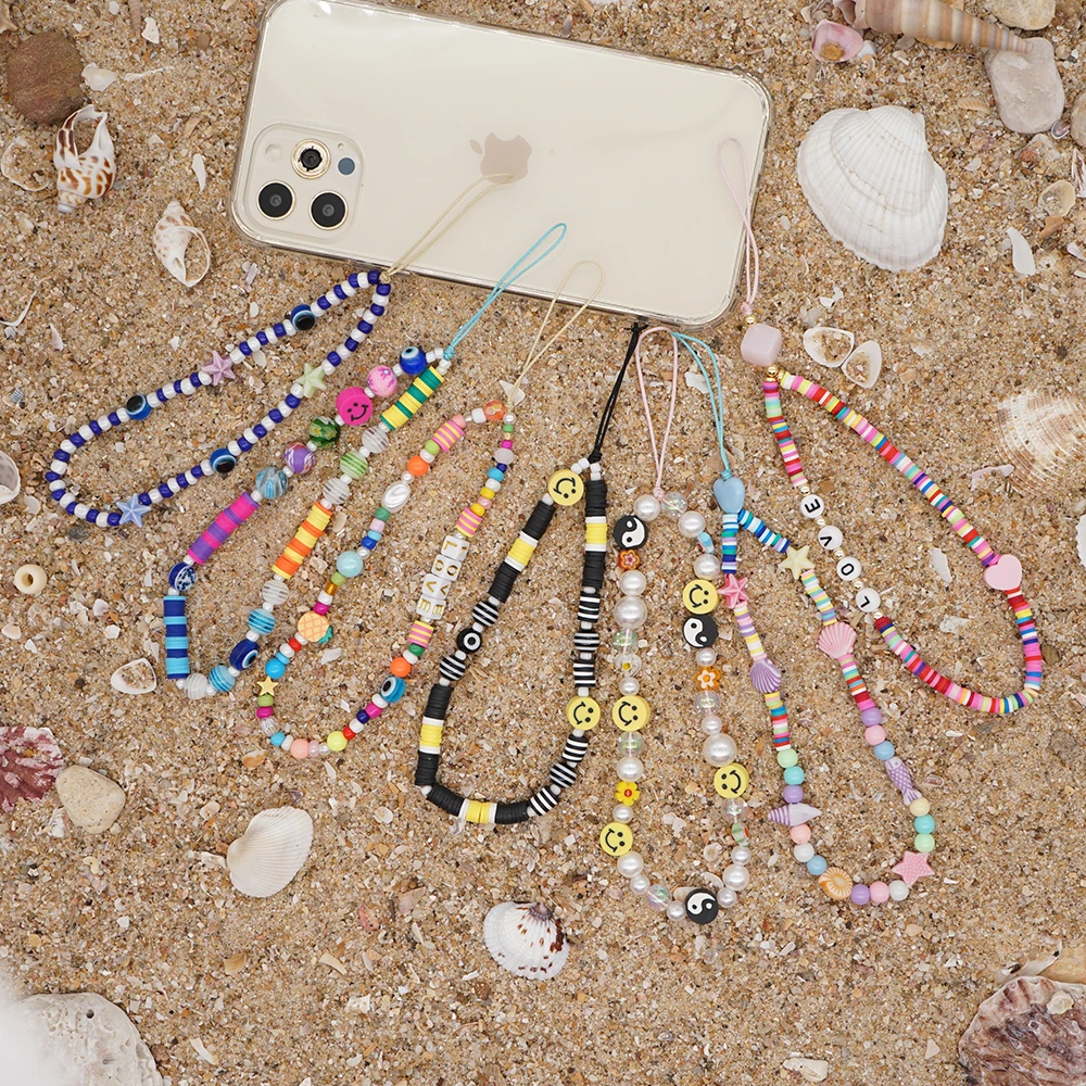 Go2Boho 2023 Newest Mobile Chain Phone Charm Beads Smile Face Evil Eye Telephone Jewelry For Women Heishi Polymer Clay Lanyard