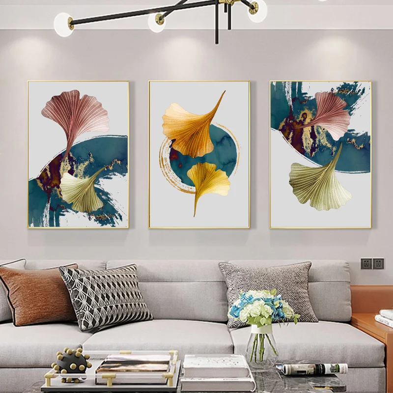 Ginkgo Biloba Blue Gold Yellow Abstract Poster Nordic Canvas Print Plant Leaf Wall Art Painting Modern Picture for Room Decor