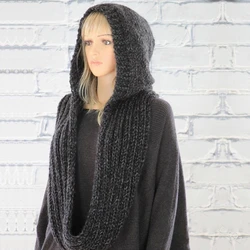 Women Winter Crochet Knit Hood Infinity Scarf Outdoor Windproof Warm Long Shawl Wrap Solid Color Earflap Hat Neck Warmer