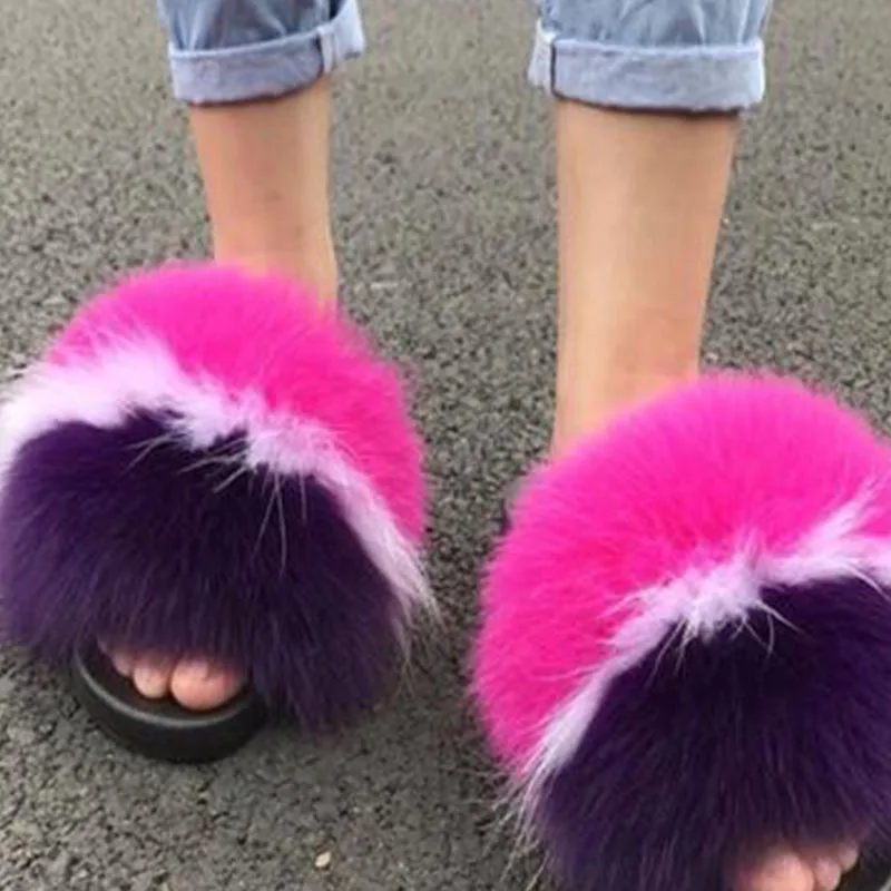 Woman Fall Spring Furry Slides Fluffy Sandals Raccoon Shoes Fuzzy Slippers Fur Flip Flops Fox Fur Slide Rainbow Designer Sandal