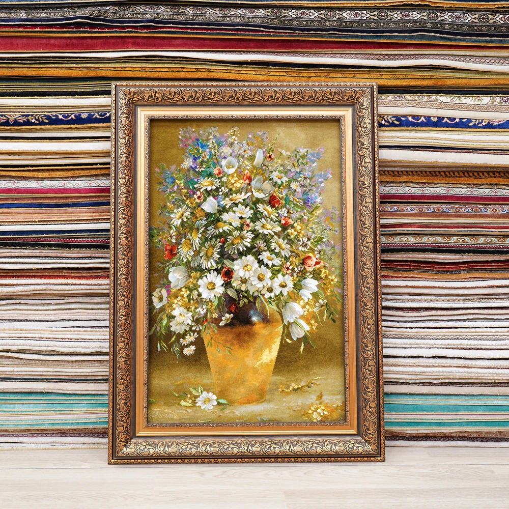 57x78cm Handmade Wool Silk Carpet Flower Vase Interior Tapestry (TJ328W)