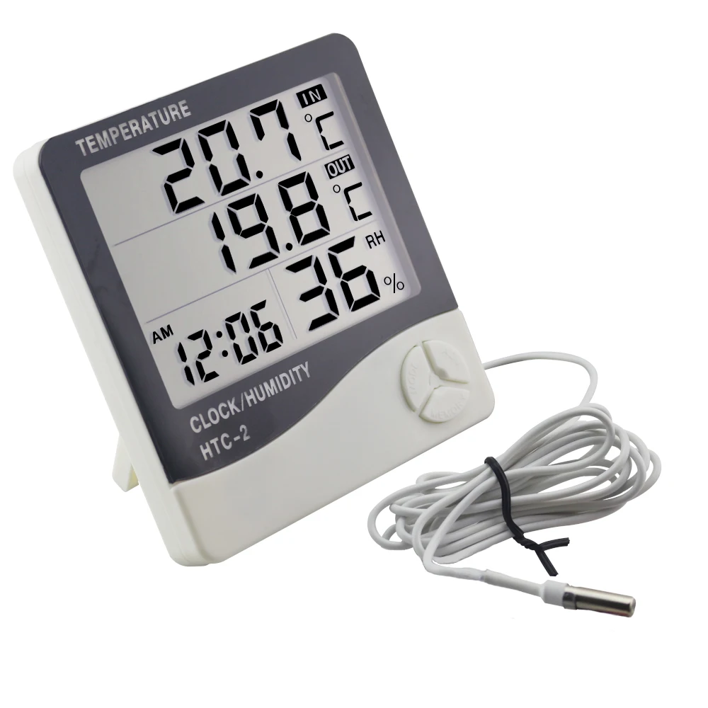 HTC-2 Digital LCD In/Out Thermometer Hygrometer Temperature Humidity Meter Weather Station Alarm Clock 1m External Probe