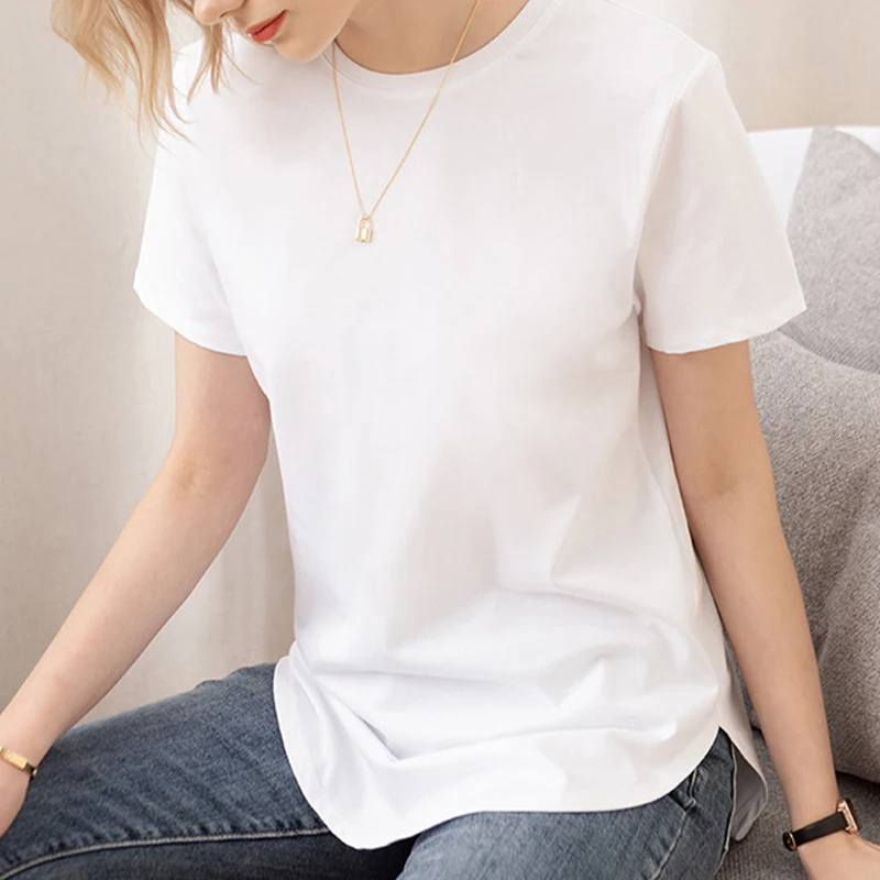 100% cotton Loose Casual Summer Short Sleeve Female T shirt Women Asymmetric O-neck Tee Tops M30326
