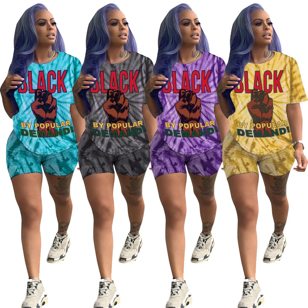 

Casual Tie Dye Two Piece Set Women Set Short Sleeve Corp Top Tee Bikers Shorts Pants Suit Outfit Joggers Street Sport Tracksuit