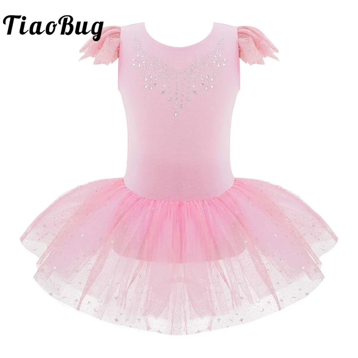 

Ruffle Sleeve Ballet Tutu Dress Kids Girls Ballerina Rhinestone U-shaped Back Gymnastics Leotard Pink Tulle Ballet Dress