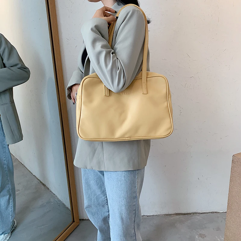 Soft PU Leather Women Big Purse Handbags Large Capacity Student Girls Tote Shoulder Bags Solid Color Female Blue Underarm Bags