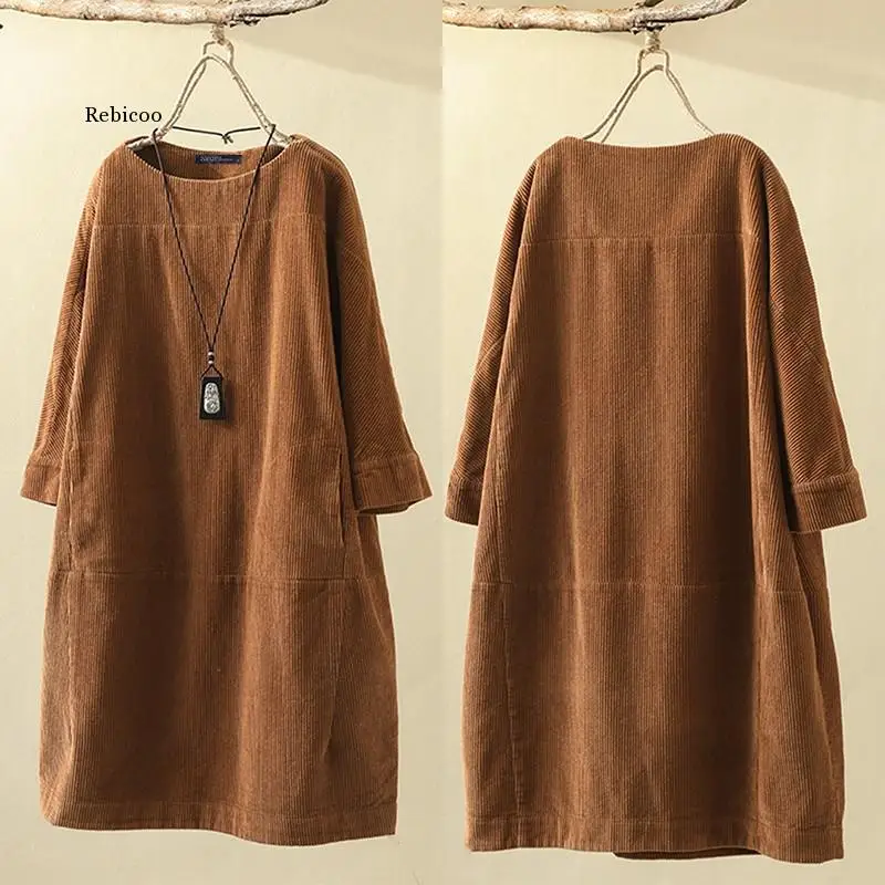 

Autumn Women Corduroy Dress Kaftan Casual Sweatshirt Long Sleeve Tunic Vestido Female Solid Hoodies Robe