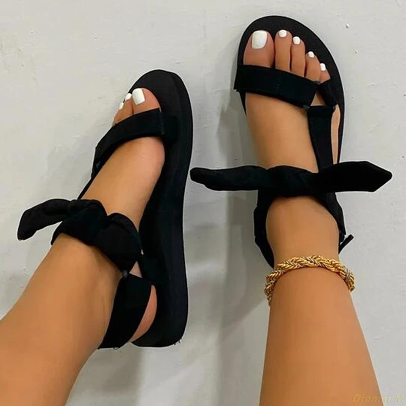 Đáng Yêu Nơ Giày Sandal Nữ 2021 Casual Giày Đi Biển Chống Trơn Trượt Dễ Thương Phối Móc Vòng Thoải Mái Du Lịch Bãi Giày Da Báo màu Trơn