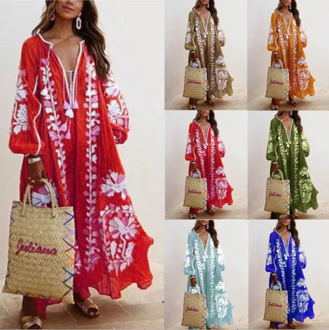 Woman Maxi Dress Boho Print Lace Up Long Sleeve Dress V-neck loose Fashion Bohemian Beach Vintage Ruffle Hem 2022 Print Dresses