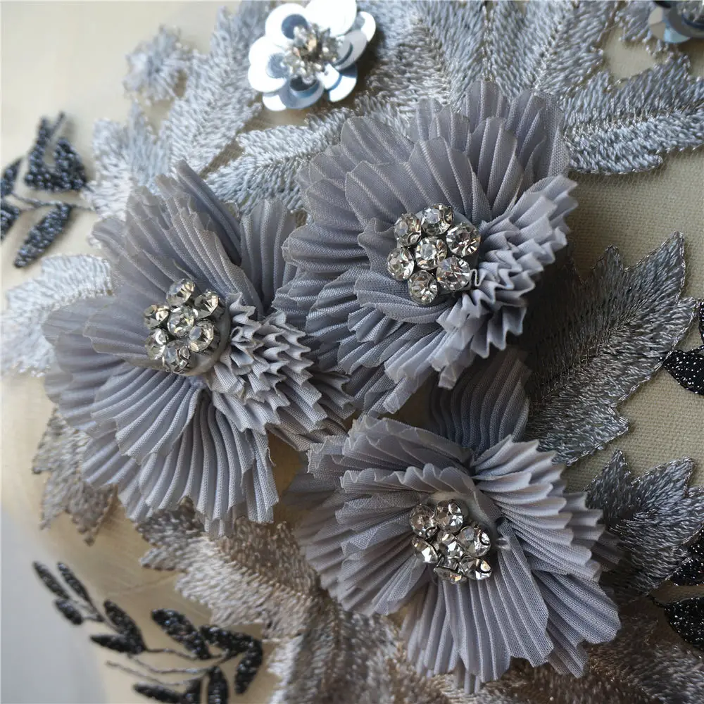 Grey 3D Flowers Rhinestone Lace Fabric Embroidered Wedding Gown Appliques Trims Collar Mesh Sew Patch For Dress DIY Decoration