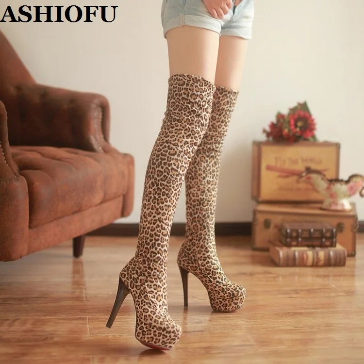 ASHIOFU Wholesale Handmade Women's Over Knee Boots Stiletto Platform Sexy Night-club Thigh High Boots Evening Winter Long Boots